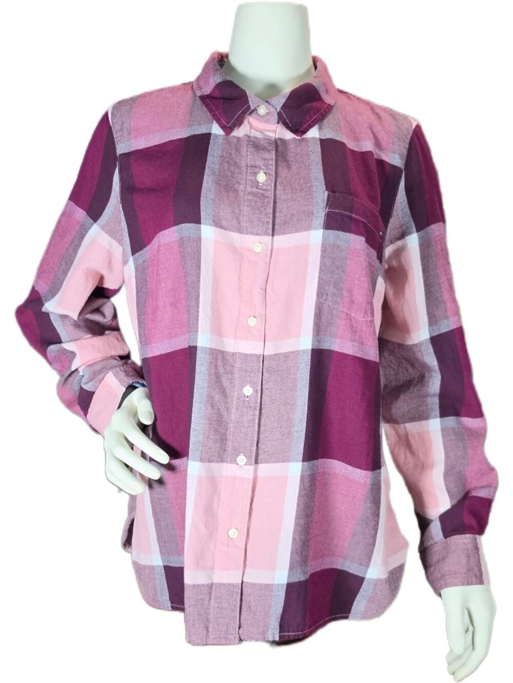 Tommy Hilfiger Plaid Flannel Shirt XL Pink Maroon Convertible Roll Tab Sleeve